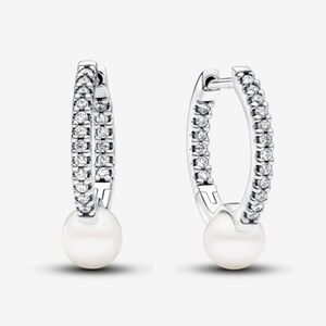 Pandora "NWOT" 925 Cultured Pearl & Pave Hoop Earrings